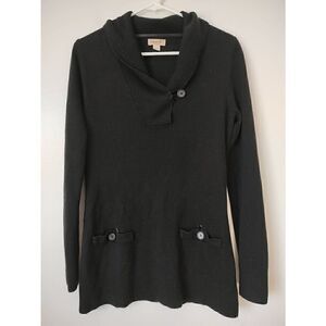 One World Women's Size Small Black Acrylic Pullover V Neck Sweater Faux Pockets